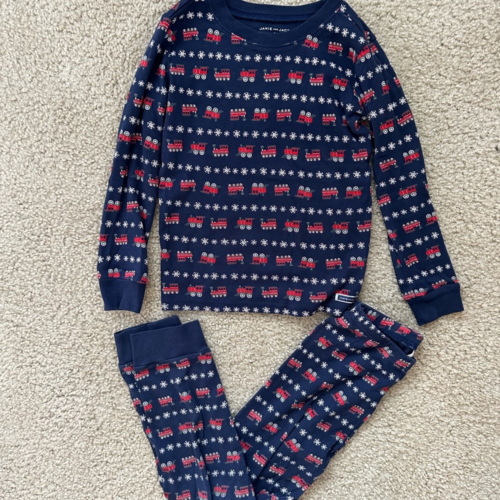Janie and Jack holiday blue and red train pajamas  with Long Sleeves